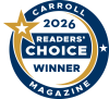 Award badge reading Carroll County 2026 Readers' Choice Winner
